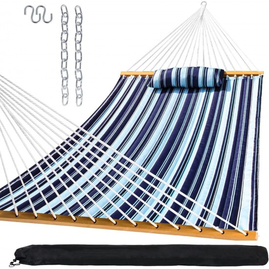 Outdoor Quilted Fabric Hammock with Spreader Bars and Detachable Pillow