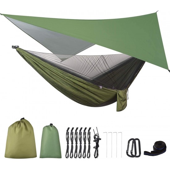 Camping Hammock with Rain Fly Tarp and Mosquito Net Portable Single Double Hammock Tent with Tree Strap Backpacking Hammock with Rain Cover for Hiking Travel Yard Activities Green