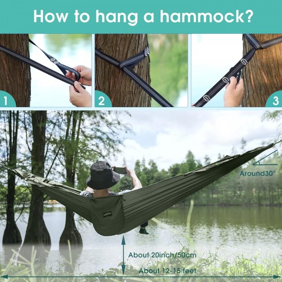 G4Free Large Camping Hammock with Mosquito Net 2 Person Pop-up Parachute Lightweight Hanging Hammocks Tree Straps Swing Hammock Bed for Outdoor Backpacking Backyard Hiking