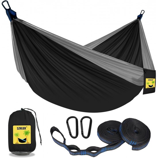 SZHLUX Camping Hammock Double & Single Portable Hammocks with 2 Tree Straps and Attached Carry Bag,Great for Outdoor,Indoor,Beach,Camping,Black & Grey, Large