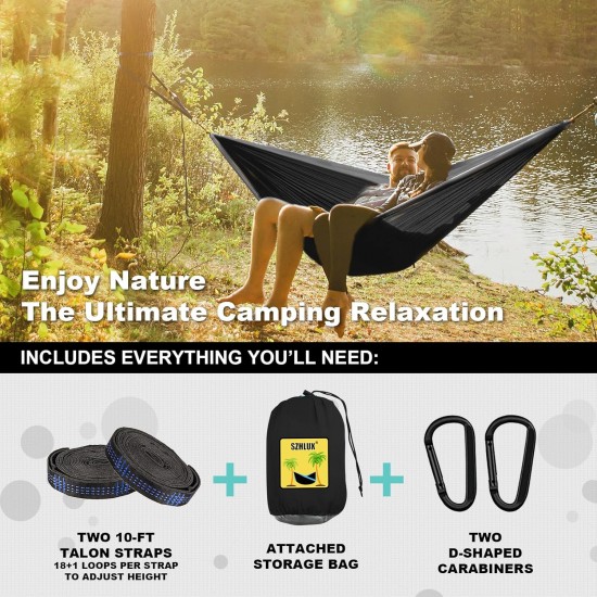 SZHLUX Camping Hammock Double & Single Portable Hammocks with 2 Tree Straps and Attached Carry Bag,Great for Outdoor,Indoor,Beach,Camping,Black & Grey, Large