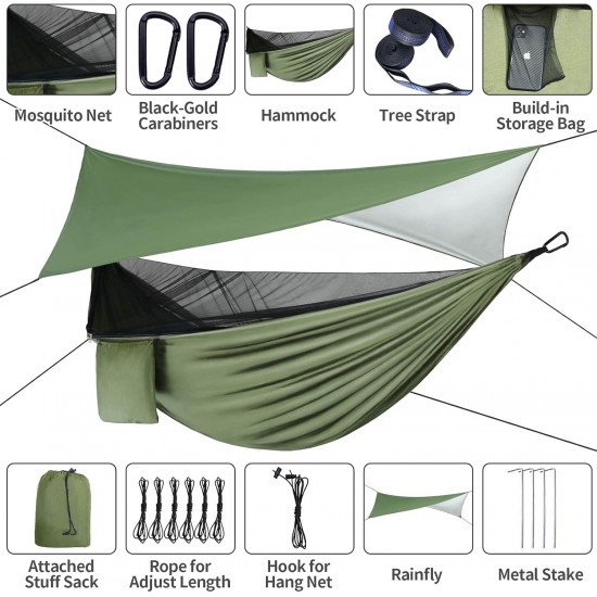 Camping Hammock - Hammocks with Mosquito Net Tent and Rain Fly Tarp, Portable Single & Double Nylon Parachute Hammock with Heavy Duty Tree Strap, Indoor Outdoor Backpacking Survival Travel