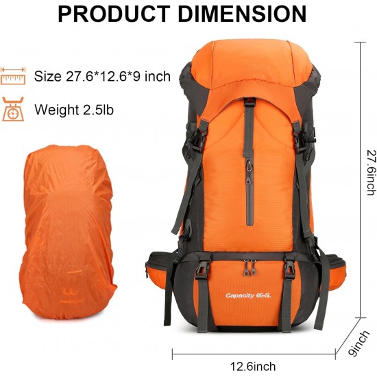 ShowyLive 70L Backpack - Waterproof Hiking Backpack for Men and Women - Lightweight Camping and Backpacking Backpack with Rain Cover and Comfort Design, Orang