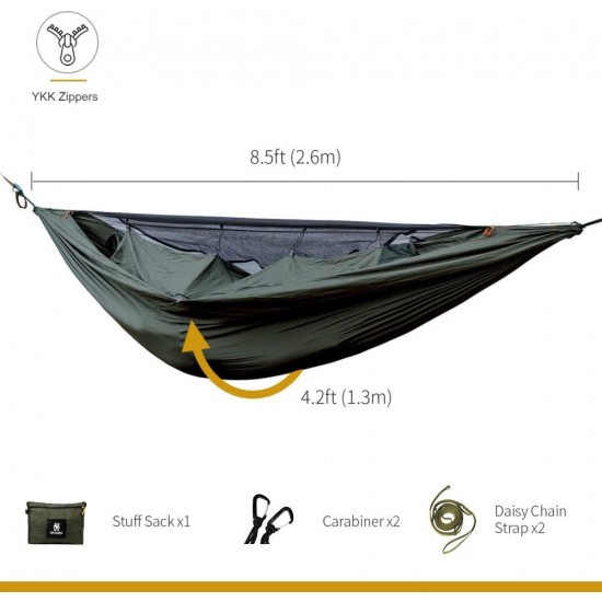 OneTigris KOMPOUND Camping Hammock with Net, Lightweight Portable Hammock with Warm Internal Cover & Tree Friendly Straps for Backpacking, Camping, Hiking, Travel, Beach, Backyard Od Green