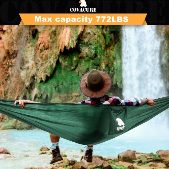 Covacure Camping Hammock - Lightweight Double Hammock, Hold Up to 772lbs, Portable Hammocks for Indoor, Outdoor, Hiking, Camping, Backpacking, Travel, Backyard, Beach（Dark Green）