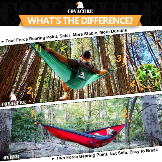 Covacure Camping Hammock - Lightweight Double Hammock, Hold Up to 772lbs, Portable Hammocks for Indoor, Outdoor, Hiking, Camping, Backpacking, Travel, Backyard, Beach（Dark Green）